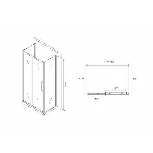 Душевой уголок Abber Schwarzer Diamant 75x180 стекло прозрачное, профиль черный (AG30180BH-S75B-S75B)