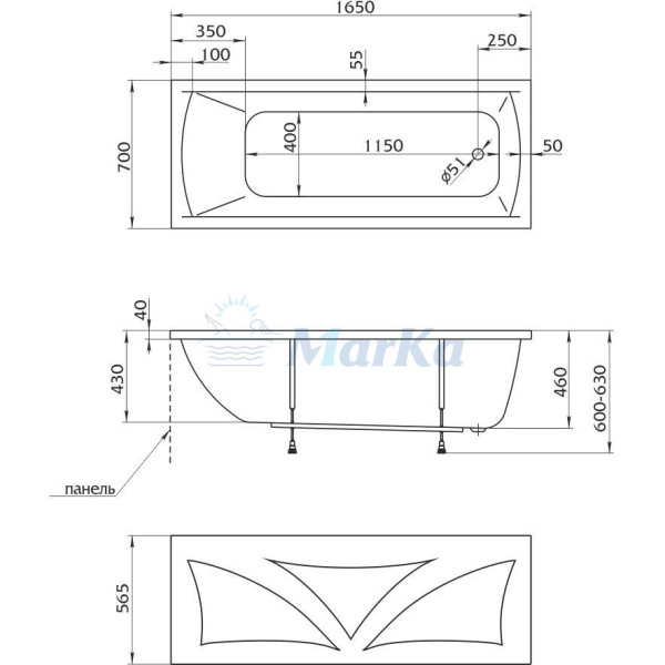 Ванна акриловая Marka One Modern 165х70 без гидромассажа
