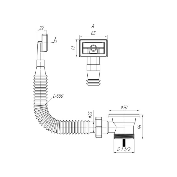 Выпуск для мойки 1 1/2"*70 АНИ с прямоугольным гибким переливом (нержавеющая решетка) АНИ пласт (N105S)