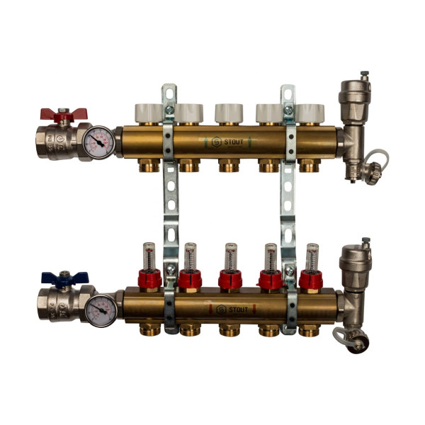 Коллекторная группа 5 отводов 1"x3/4"(18)EK в сборе с расходомерами Stout (латунь) (SMB-0473-000005) Коллекторная группа 5 отводов 1"x3/4"(18)EK в сборе с расходомерами Stout (латунь) (SMB-0473-000005)
